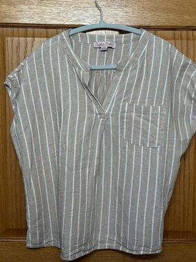 Casual Striped Split-Neck Top in Beige by Caslon®